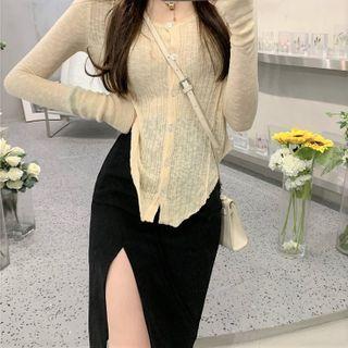 Long-sleeve Buttoned Knit Top / Irregular Slit A-line Skirt