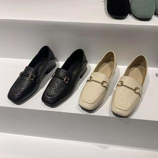 Block Heel Metal Accent Square Toe Loafers