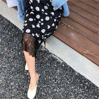 Flower Print Lace Trim Spaghetti Strap Dress Black - One Size