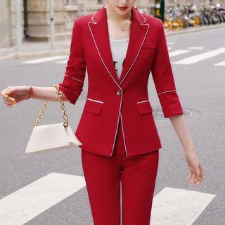 Set: Elbow-sleeve Contrast Trim Blazer + Dress Pants