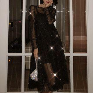 Set: Long-sleeve Top + Spaghetti-strap Sequin Mesh Dress