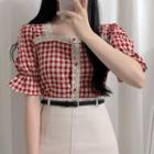 Gingham Puff-sleeve Square Neck Blouse