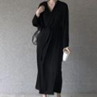 V-neck Long-sleeve Midi Dress Black - One Size