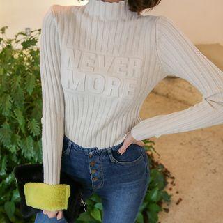 Mock-neck Lettering-embossed Rib-knit Top