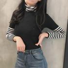 Mock Two-piece Long-sleeve Striped Panel Knit Top