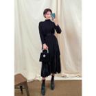 Set : Slashed Knit Top + Pleated Velvet Skirt + Belt Black - One Size