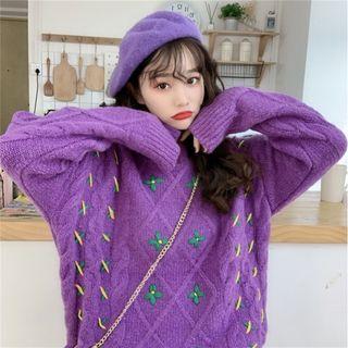 Crochet Flower Accent Cable-knit Sweater