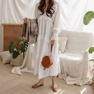 V-neck Frilled-detail Long Dress