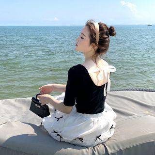 Set: Short-sleeve Top + Ribbon Mesh A-line Skirt