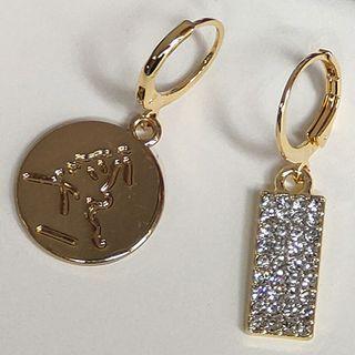 Rhinestone Coin Asymmetrical Sterling Silver Dangle Earring 1 Pair - 1565 - Silver Rhinestone - Dark Gold - One Size