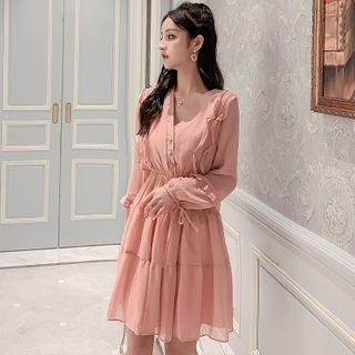 Balloon-sleeve Tie-cuff Chiffon Dress