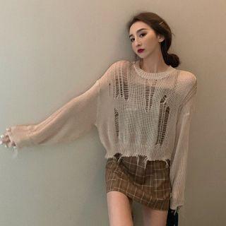 Distressed Sweater / Spaghetti Strap Plaid Mini Sheath Dress