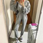 Long-sleeve Drawstring-waist Hooded Jumpsuit