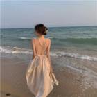 Sleeveless Faux Pearl Strap Open-back A-line Dress