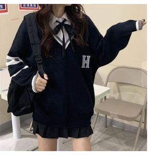 Plain Shirt / Lettering V-neck Sweater / Knit Vest / Set