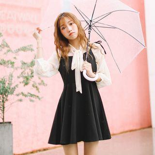 Set: Tie Neck Blouse + Spaghetti Strap A-line Dress