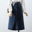 Ruffle Trim Blouse / Denim Midi A-line Skirt