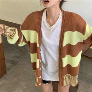 V-neck Striped Knit Cardigan Yellow - One Size