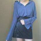 Long-sleeve Collared Top Blue - One Size