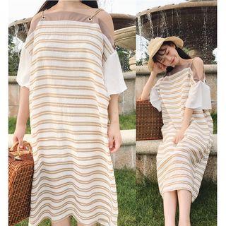 Striped Cold Shoulder Short-sleeve Midi Chiffon Dress