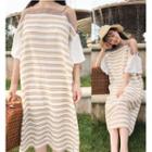 Striped Cold Shoulder Short-sleeve Midi Chiffon Dress