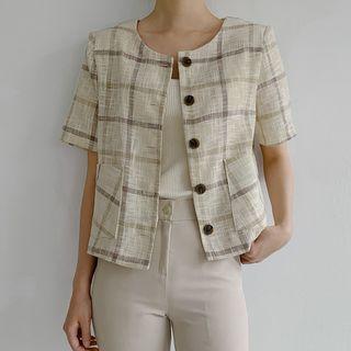 Short-sleeve Round-neck Checked Jacket
