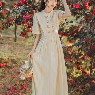 Ruffle Trim Flower Embroidered Midi A-line Dress