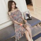 Flower Print Cold-shoulder A-line Dress
