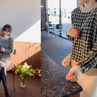 Round-neck Houndstooth Knit Top Green - One Size