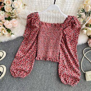 Square-neck Floral Puff Long-sleeve Shirt