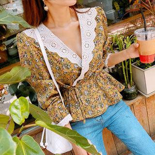 Lace-collar Peplum Floral Wrap Blouse