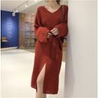 Long-sleeve V-neck Midi Dress Rust Red - One Size