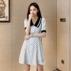 Collared Dotted Elbow-sleeve Mini A-line Dress