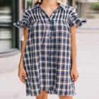 Short-sleeve Plaid Ruffle Trim Shirt Dress