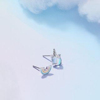 Non-matching 925 Sterling Silver Moonstone Unicorn & Rainbow Earring 1 Pair - Non-match - One Size