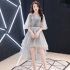 Elbow-sleeve Starry Applique Mesh A-line Dress