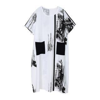 Elbow-sleeve Print Midi A-line Dress White - One Size