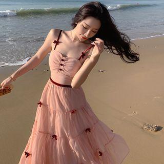 Spaghetti-strap Ribbon Tiered Midi A-line Dress