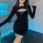 Set: Long Sleeve Crop Top + Spaghetti Strap Dress Black - One Size