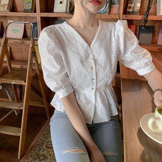 Puff-sleeve Pointelle Plain Blouse