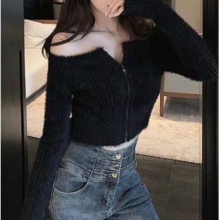 Zip-up Fluffy Off-shoulder Cardigan