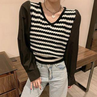 Long-sleeve Paneled Striped Knit Top