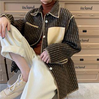 Faux-leather Pocket Pinstripe Woolen Coat
