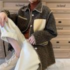 Faux-leather Pocket Pinstripe Woolen Coat
