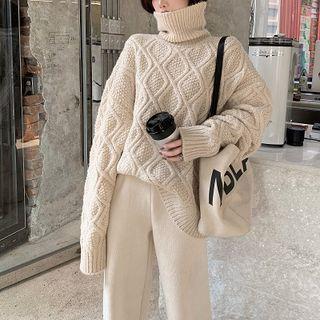 Plain Turtle-neck Loose-fit Cable-knit Sweater / Plain High-waist Loose-fit Corduroy Pants