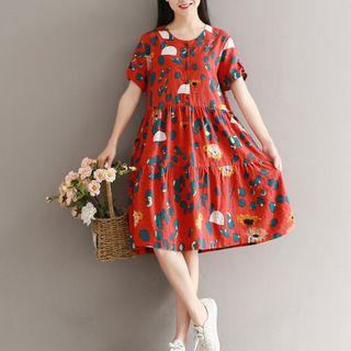 Short Sleeve Buttoned Floral Print Midi Dress