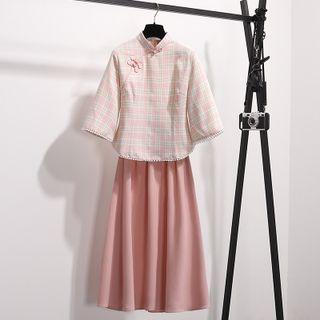 3/4-sleeve Plaid Qipao Top / Midi A-line Skirt