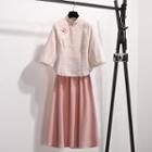 3/4-sleeve Plaid Qipao Top / Midi A-line Skirt