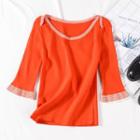 Striped 3/4-sleeve Knit Top Orange Red - One Size