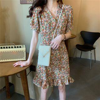 Short-sleeve Flower Print A-line Dress Coffee - One Size